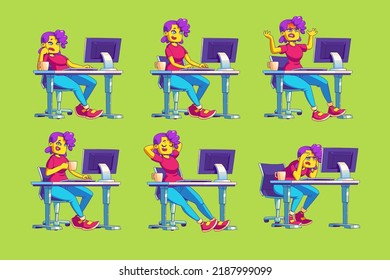 Girl freelancer work on computer with different emotions. Concept of freelance, remote job. Woman worker happy, angry, busy, burnout, relax and at coffee break, illustration in contemporary style