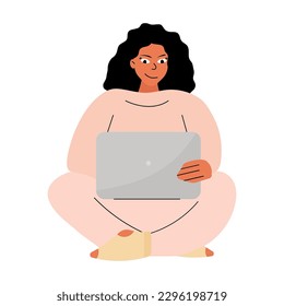 Girl freelancer working at a computer remotely from home. Flat illustration of female student distance learning