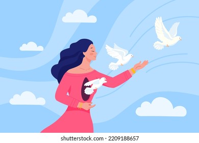 Girl frees bird. Woman release birds from her chest, recovering after psychologycal trauma or depression, female free dove in sky clouds freedom hopeful life, vector illustration of girl release - Shutterstock ID 2209188657