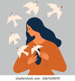 The girl frees the birds from her chest. The psychological concept of mental health, manipulation or dependence. Vector illustration 
flat style - Shutterstock ID 2067634070