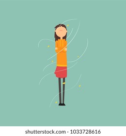 Girl freezing and shivering on a very windy day outdoors vector Illustration