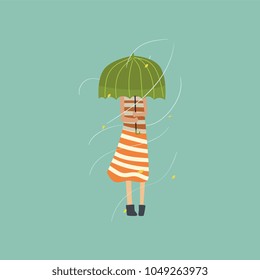 Girl freezing and shivering under green umbrella on a very windy day outdoors vector Illustration