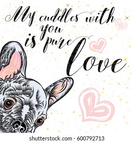 Girl French Bulldog illustration print in golden sparkles. Cute fashionable dog vector sketch. My cuddles with you is pure love postcard. Hand drawn positive background with gold glitter and stars. 