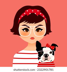 The girl and french bulldog portrait illustration.