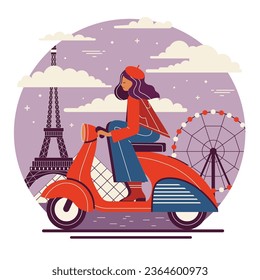 Girl in french hat riding retro scooter on background of Paris with famous landmarks. Young woman driving vintage motorbike in France. French city tourism traveling concept illustration.