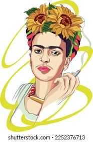 Girl in Frida Kahlo style with a cigarette and a wreath of sunflowers. Magdalena Carmen Frida Kahlo portrait with sunflower wreath and cigarette.