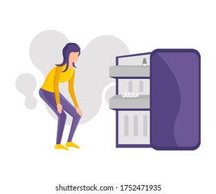 Girl at the fridge. Colorful vector illustration in cartoon style