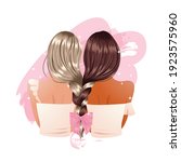 Girl friend braid stylish hairstyle decorated with ribbon. Friendship concept clip art. Flat vector illustration 