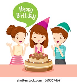 Girl And Friend With Cake On Birthday Party, Banquet, Feast, Celebration, Gift