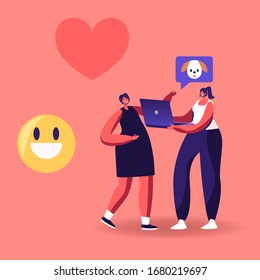 Girl Friend Characters Watching Funny Video about Animals and Dogs on Laptop with Smile Emoji and Heart Icons around. Internet Entertainment, Online Viral Content. Cartoon People Vector Illustration