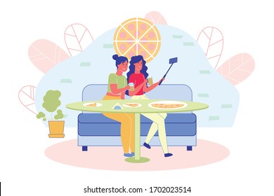 Girl Friends Cartoon Characters having Fun in Pizzeria, Chatting and make Selfie using Mobile Devices. Leisure and Recreation, Smartphone Camera Options for Photographing. Flat Vector Illustration.
