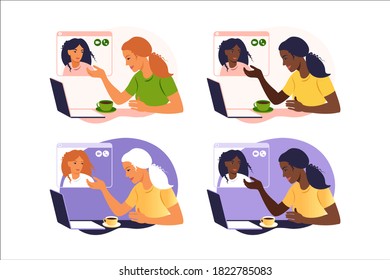 Girl friends chat online. Girl sitting in a chair in front of a laptop and speaks with friend. Video conference, online chat concept. Working or online meeting from home. Vector illustration. Set.
