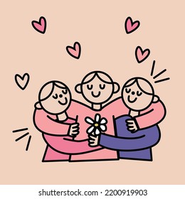 Girl friends. Forever together .Female friendship. Vector illustration of a flat design.Best friend forever three young girl hug and laughing logo design vector