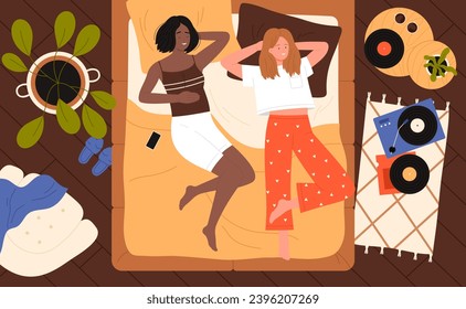 Girl friends listen to music at pajama party, cozy bedroom view from above vector illustration. Cartoon sisters or best girlfriends in underwear lying to relax to retro album on vinyl records