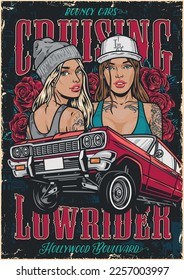 Girl friends lowriders colorful poster retro car near two hot woman inviting to car festival in Hollywood vector illustration svg