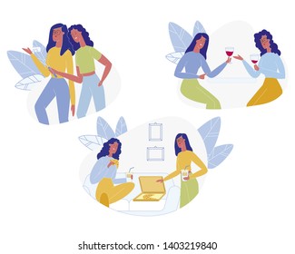 Girl Friends Meeting Set Isolated on White Background. Young Women Spending Time on Weekend Together, Drinking Wine, Eating Pizza Making Selfie. Friendship, Relations. Cartoon Flat Vector Illustration