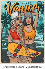Girl friends skateboarders poster colorful invite to joint walk to skate park by sea standing near beach vector illustration