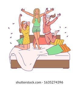 Girl friends at sleepover slumber party jumping on the bed wearing pajamas. Happy girls having fun at pajama party - flat isolated vector illustration