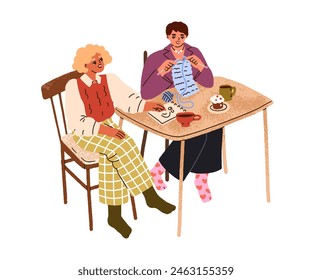 Girl friends talking, sitting at cozy home table. Young women enjoying hobbies, knitting, drawing, chatting together. Leisure time, communication. Flat vector illustration isolated on white background