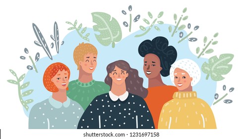 Amizades femininas. Grupo de mulheres está sorrindo. Conceito de comunidade de união. Ilustração de desenho vetorial no conceito moderno