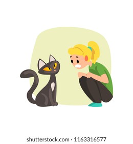 Girl frightened by cat, girl suffering from ailurophobia, human fear concept vector Illustration on a white background