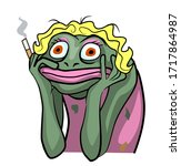 Girl frog in shock and with a cigarette, internet meme