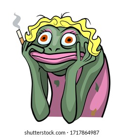 Girl frog in shock and with a cigarette, internet meme