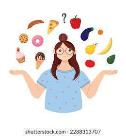 Girl in front of a choice, healthy food or fast food. Healthy food concept.