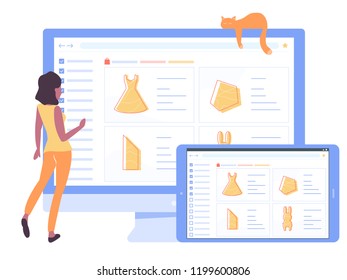 Girl in front of a computer screen and a laptop. Makes purchases in the online store. Above is a cat. Cozy, simple and comfortable shopping. Different devices, responsive design.