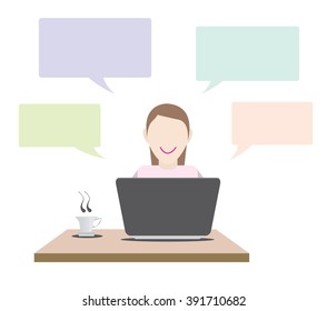 girl  in front of laptop Concept. with callout and tea cup Vector Illustration