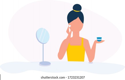 A girl in front of a mirror advertises a skin care cream. The beauty of blogs. Beauty blogger. Everyday life, the routine of a young woman's scene. Vector illustration in flat style