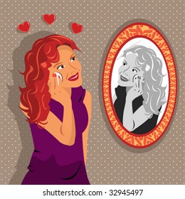 Girl in front of mirror applying makeup with three harts above her head.