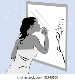 Girl in front of a mirror applying makeup