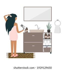 girl in front of the mirror dries her hair in the bathroom. bathroom interior design. vector illustration