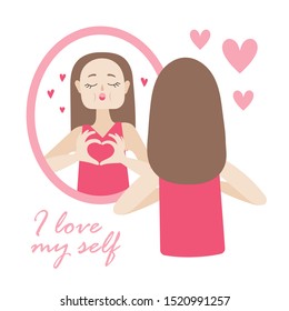 The girl in front of the mirror and kisses  reflection. The heart of the fingers. Cartoon vector on white background