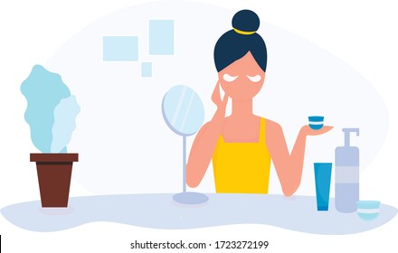 The girl in front of the mirror is sitting with patches under her eyes. Facial. Beauty. Beauty blogger. Everyday life, routine. Scene of a young woman. Vector illustration in flat style