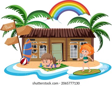 Girl in front of old beach house illustration