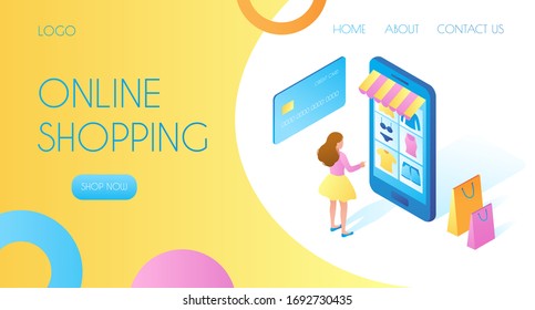 a girl in front of smartphone is engaged in online shopping. Concept for buying clothes from home.Payment by card.  vector isometric illustration. Delivery of purchases.  Web banner. Landing template