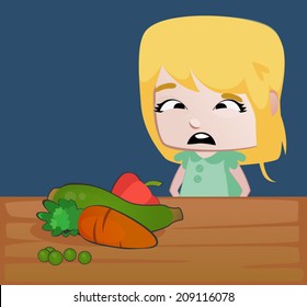 Girl in front of a table full of healthy food