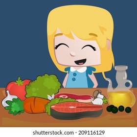 Girl in front of a table full of healthy food