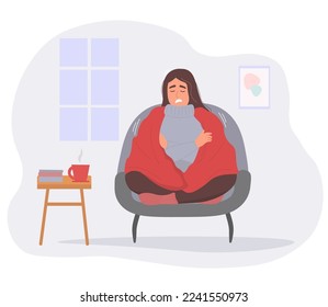 The girl is frozen at home, shivering from the cold under a warm blanket. Vector graphics.