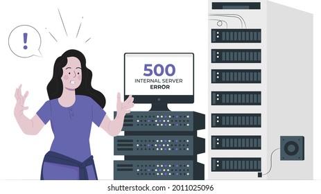 girl in frustration due to internal server error concept flat design illustration. 500 system error, 