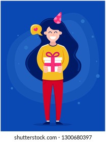 girl in full growth gives a gift to your loved one. celebrates birthday character vector illustration for postcard