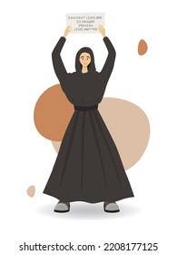 Girl in full growth in a hijab with a poster in her hands. Rally and protest in Iran, women's freedom. Vector isolated illustration in flat style. Innocent lives are in danger. Irenian lives matter