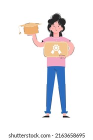 Girl in full growth holds a diploma. Isolated on white background. Good for apps, presentations and websites. Vector.