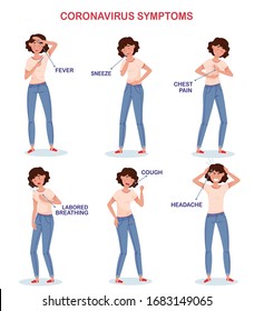 A girl in full growth shows all the possible signs of infection with the virus covid-19. On the picture fever, sneezing, chest pain, cough, headache, shortness of breath. Isolated vector illustration.