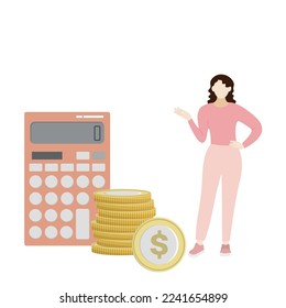 A girl in full growth stands near a stack of large yellow coins and a huge calculator, flat vector, isolate on white, finance, faceless illustration