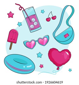 Girl fun summer bundle. Set of summer items in vibrant color, tiffany and pink: heart-shaped balloon, swimming rubber ring, fruit ice cream, cool lemonade, ladies bag, juicy cherry and sun glasses.