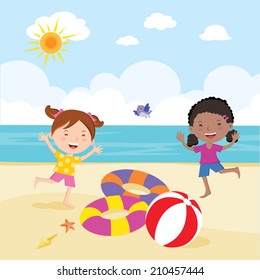 Girl fun in the sun. Little girls having fun on the beautiful beach.