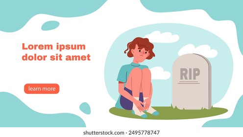 Girl at funeral. Schoolgirl sits near graveyard and tombstone. Loneliness, frustration and depression. Psychological and mental problems. Landing webpage design. Flat vector illustration